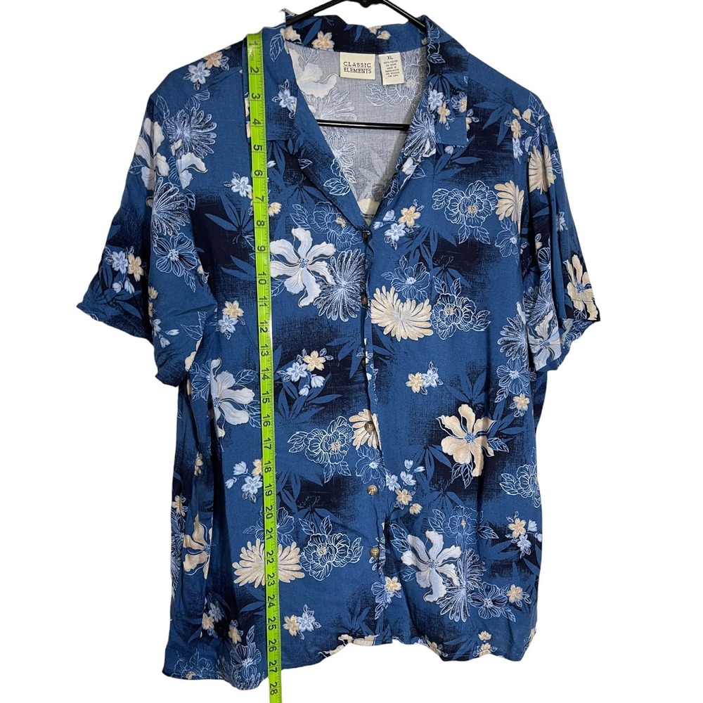 Classic Elements XL Blue Floral Button Down Shirt Camp Collar Rayon Tropical - Picture 4 of 7